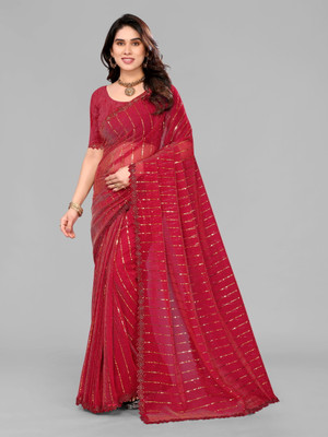 AKFABRICS Embellished Bollywood Lycra Blend Saree(Red)