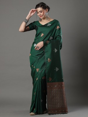 Twixxle Woven Kanjivaram Pure Silk, Art Silk Saree(Dark Green)