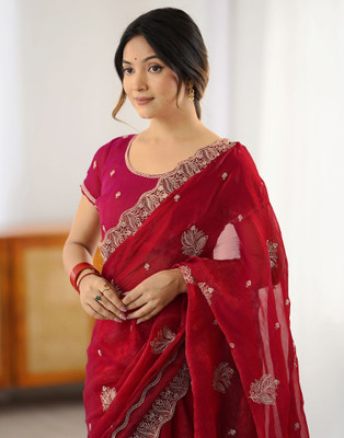 Satrani Embroidered Bollywood Jimmy choo, Chiffon Saree(Red)