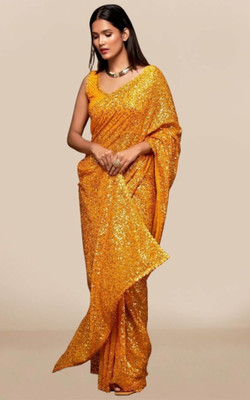 PARROT ENTERPRISE Embroidered, Embellished, Self Design Bollywood Georgette Saree(Yellow)
