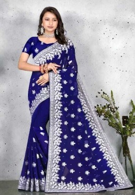 P B BROTHERS Embroidered Bollywood Georgette Saree(Blue)