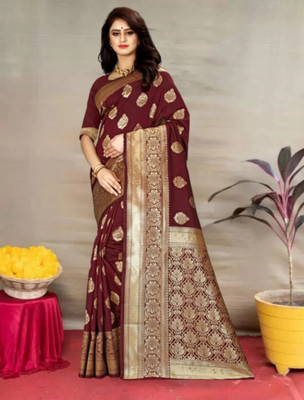 Dulhan Collection Woven Banarasi Handloom Silk Blend Saree(Maroon)