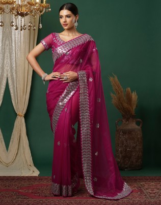 SIRIL Embellished, Embroidered, Dyed Bollywood Net Saree(Pink)