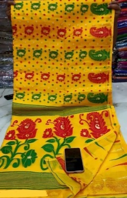 Hiya saree And Punjabi house Self Design Jamdani Cotton Silk Saree(Yellow, Red, Green)