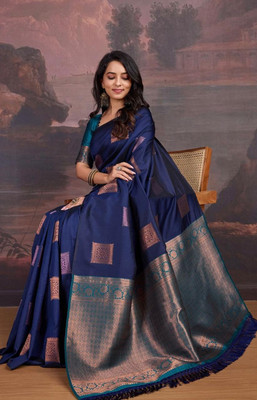 VM Selling Hub Self Design, Woven, Embellished Kanjivaram Pure Silk Saree(Blue)