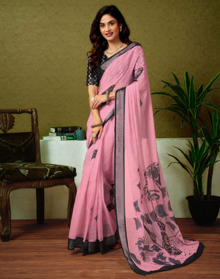 Divastri Digital Print, Floral Print, Printed Bollywood Linen Saree(Pink)
