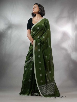 Puspa Fashion Woven Handloom Cotton Blend Saree(Green)