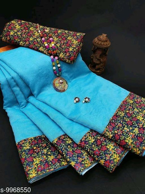 ASHA ENTERPRISE Solid/Plain Chanderi Cotton Blend Saree(Blue)