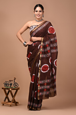 Akshara Fashion Printed, Blocked Printed, Hand Painted, Floral Print Daily Wear Pure Cotton Saree(Brown)