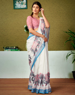 Divastri Digital Print, Floral Print, Embellished Bollywood Linen Saree(Multicolor, White)