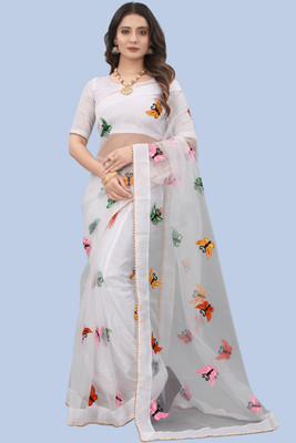 Meaven feb Self Design Bollywood Net Saree(White)