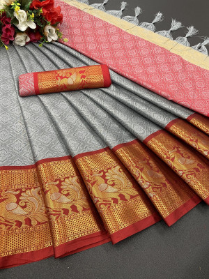 Julee Solid/Plain Banarasi Pure Silk Saree(Grey)