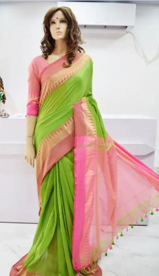 PREOSY Solid/Plain Handloom Cotton Blend Saree(Light Green)