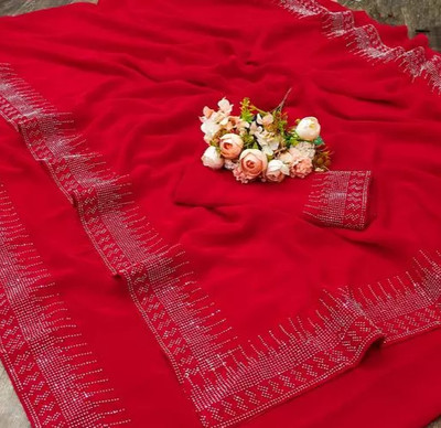 DHRAM CREATION Solid/Plain Bollywood Georgette Saree(Red)