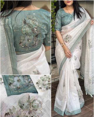 parakhiya fab Self Design Kantha Cotton Linen Saree(Green)