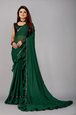 FIERTE Solid/Plain Bollywood Georgette, Chiffon Saree(Dark Green)