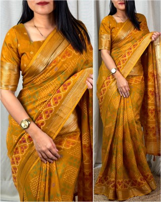 Dhanlaxmi CreationLLP Hand Painted Bollywood Cotton Blend Saree(Mustard)