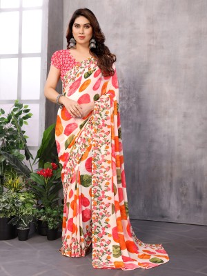 THE URBAN DIVA Polka Print Bollywood Georgette Saree(Cream, Pink, Orange, Green)