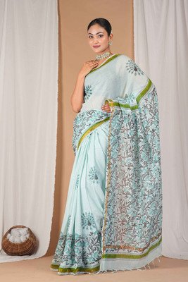 Anuttara Floral Print Saree with Attached Blouse Cotton Blend Saree(Green)