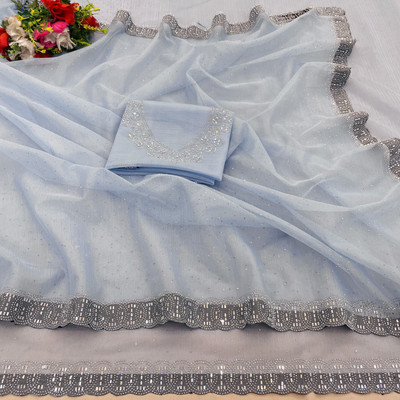 VarniRaaj Fashion Embellished Bollywood Supernet Saree(Grey)