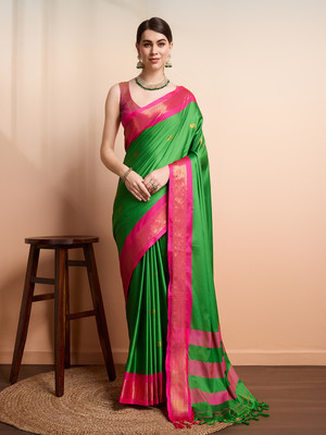 SGF11 Self Design Handloom Silk Blend Saree(Green, Pink)