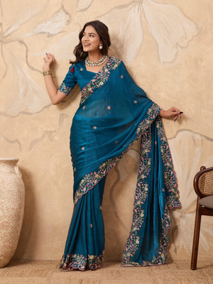 sareya veela Embroidered, Floral Print, Embellished Bollywood Chiffon Saree(Light Blue)