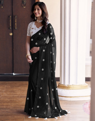Samah Floral Print Bollywood Chiffon, Georgette Saree(Black)