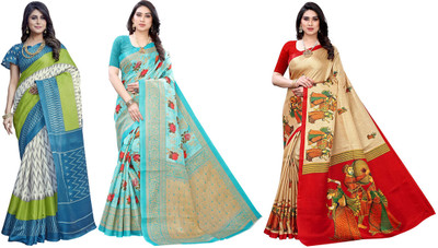 YASHIKA Printed, Woven Kalamkari Art Silk Saree(Pack of 3, Multicolor)