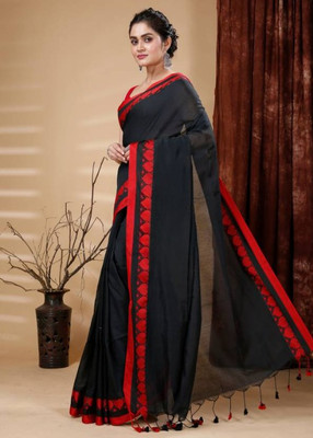 Shree Hari Solid/Plain Handloom Pure Cotton Saree(Black)