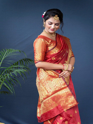 GajGajra Woven Kanjivaram Silk Blend, Cotton Silk Saree(Red)