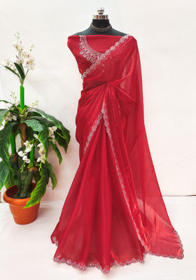 MIYANIFAB Embroidered Bollywood Organza Saree(Red)