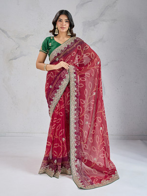 sareya veela Printed Bandhani Georgette Saree(Pink, Red)