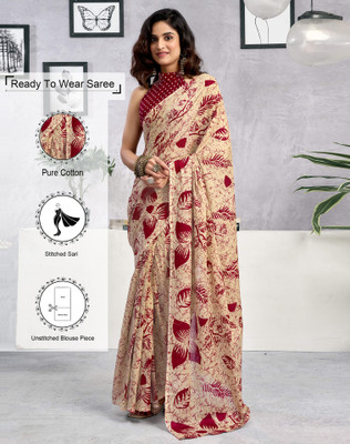 Tasrika Blocked Printed, Floral Print, Geometric Print Daily Wear Pure Cotton Saree(Beige, Maroon)