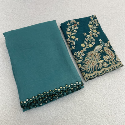 KONICA FAB Solid/Plain, Embroidered Bollywood Tissue Saree(Light Blue)