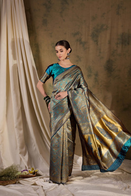 Sangria Woven Saree with Attached Blouse Silk Blend Saree(Light Blue)