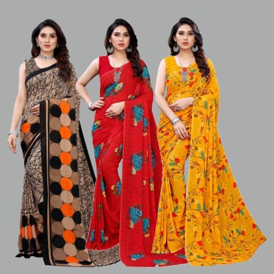 Kanooda Prints Printed Daily Wear Georgette Saree(Pack of 3, Yellow, Red, Beige)