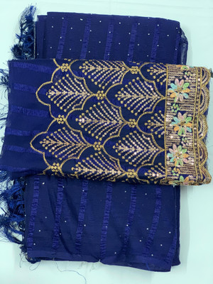 MALAVIYA FASHION Embroidered, Embellished Bollywood Chiffon Saree(Blue)