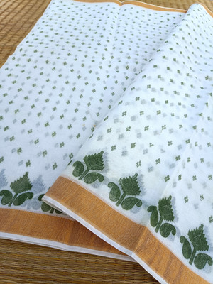 Happy Creation Printed, Striped Tant Pure Cotton, Cotton Blend Saree(White)