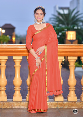Divastri Solid/Plain Chanderi Cotton Blend Saree(Orange)