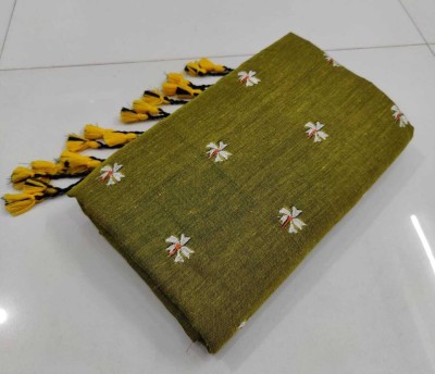 Puspa Fashion Embroidered Handloom Cotton Blend Saree(Mustard, White)