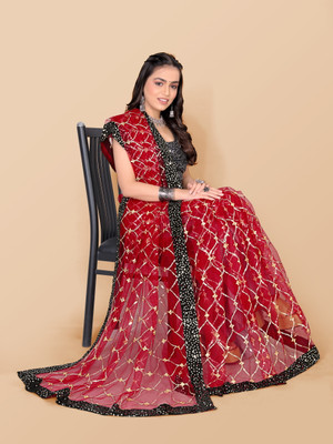 JAY RAMDEV FASHION Embroidered Bollywood Net Saree(Red)