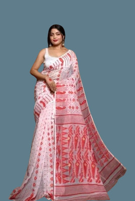 Happy Creation Printed Jamdani Handloom Cotton Blend Saree(Multicolor)
