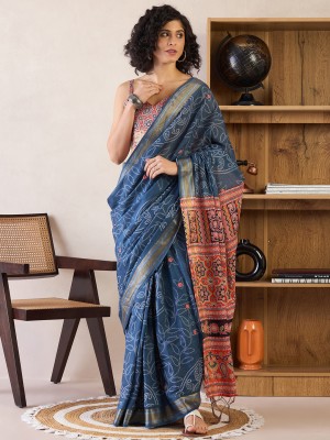 Sareemall Printed Daily Wear Cotton Blend Saree(Dark Blue)