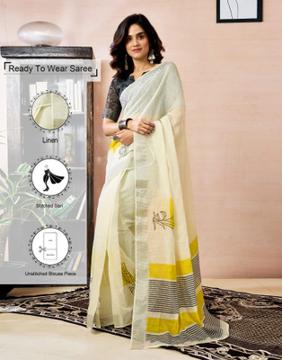 Samah Printed Daily Wear Linen Saree(White)
