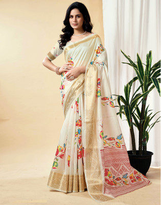 Satrani Printed, Woven, Embellished Bollywood Silk Blend Saree(White)