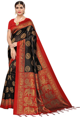 Salooni Printed, Self Design, Animal Print Mysore Silk Blend Saree(Black)