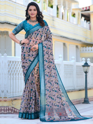 Anouk Rustic Digital Print Chinnalapattu Cotton Linen Saree(Purple)