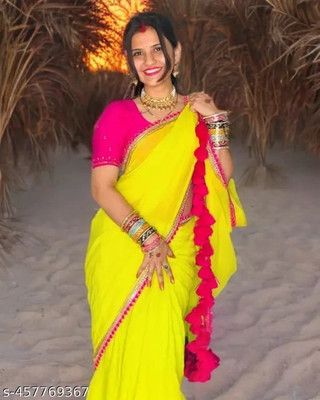 Vragi Solid/Plain Leheria Georgette Saree(Yellow)