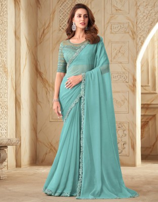 Satrani Woven, Embellished, Self Design Bollywood Georgette Saree(Light Blue)