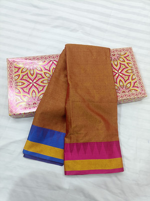 Arzoo kala textiles Solid/Plain Banarasi Handloom Cotton Silk Saree(Brown)